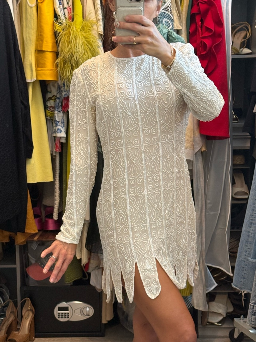 Vintage Frank Usher White Sequin Silk Long-Sleeve Mini Dress